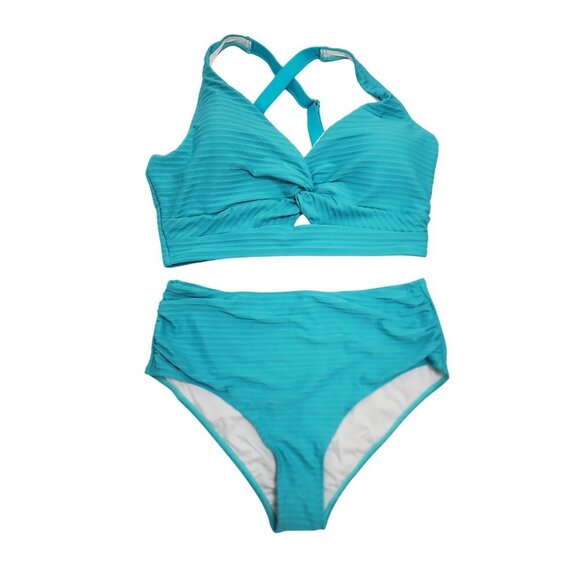 Womens Teal Textured High-Waisted Bikini Set Size L Swimsuit - Picture 1 of 5